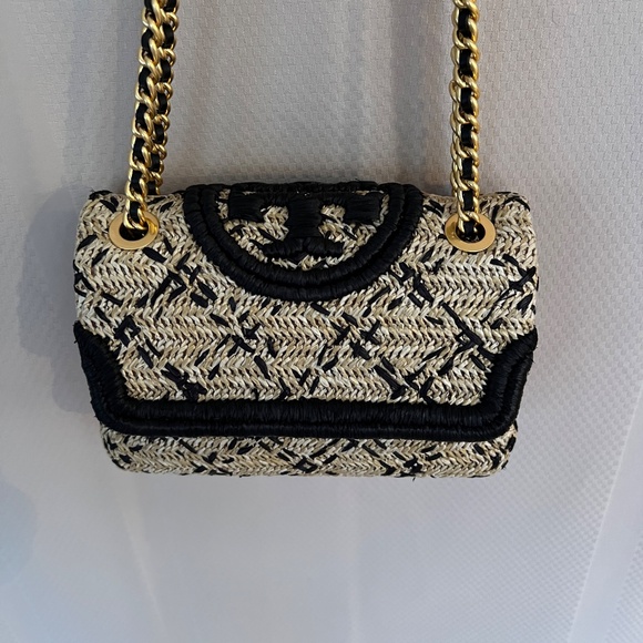 Tory Burch Fleming Soft Straw Raffia Leather Clutch Bag Natural Black Gold EUC - Picture 12 of 16